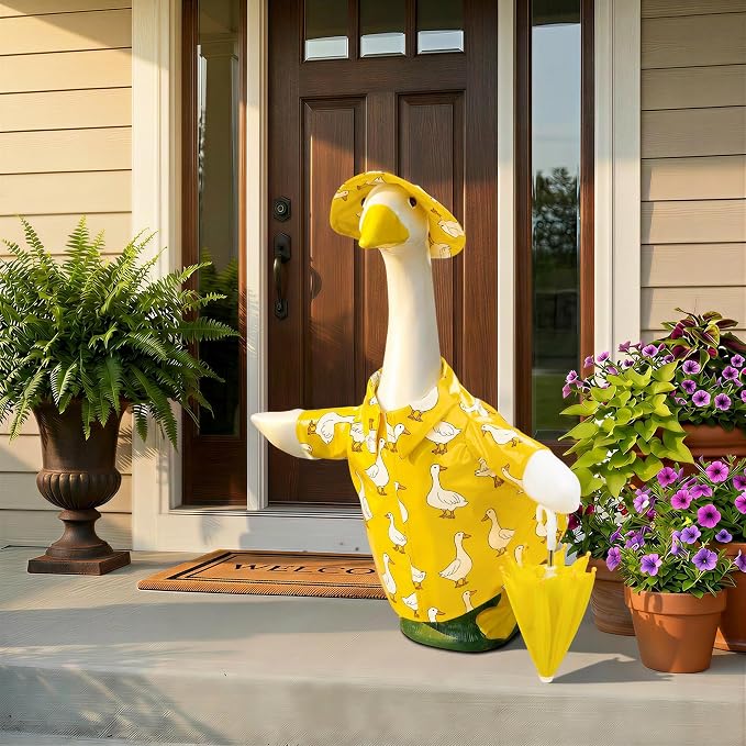 Yellow Goose Printed Raincoat Goose Outfits Porch Printed Waterproof Clothes with Umbrella Hat Fits 23" Geese Statue for Spring Garden Lawn Patio Yard Outdoor Decor (Special Printed)