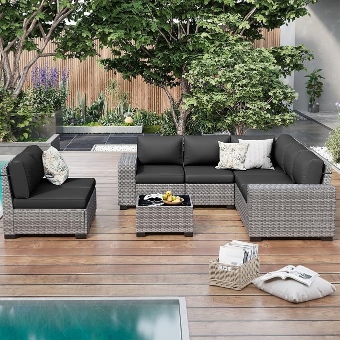 Outdoor Patio Furniture Set, 8‘’ Wide armrest Outdoor Sectional Rattan Sofa Set, Wicker Patio Furniture Sets w/Coffee Table,Thick Cushions and Cover for Porch, Balcony,Deck,8 PCS (Grey&Black)