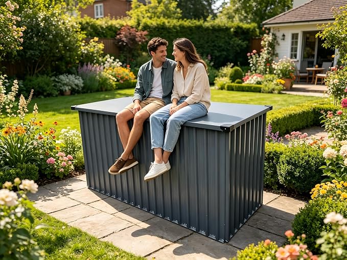 Garvee Outdoor Storage Box, 320 Gallon Waterproof Metal Storage Box, Outdoor Deck Boxes, UV Resistant Patio Storage Box with Lockable Lid for Patio Furniture Cushions, Pillows, Garden Tools, Blank