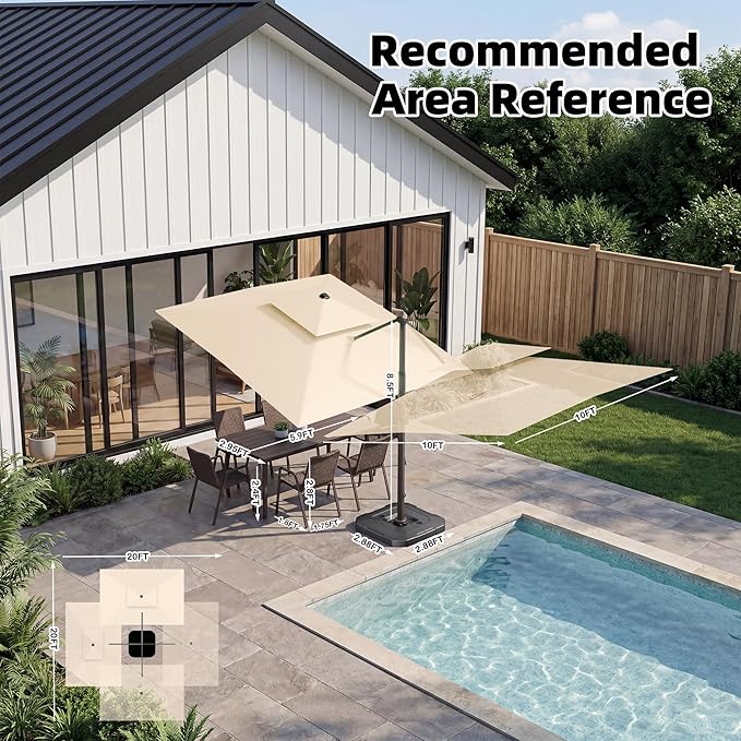 10x10 FT Cantilever Patio Umbrella with Base and Led Lights Double Top Outdoor Square Large Heavy Duty Aluminum Offset Umbrellas with 7 Level Tilt 360-degree Rotation for Pool Garden Deck, Beige