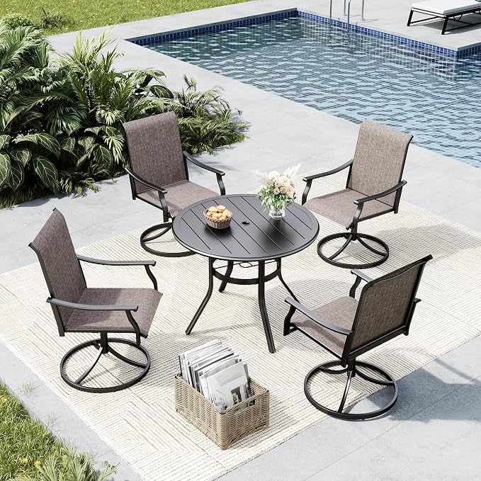 MFSTUDIO Outdoor Patio Dining Set for 4, Outdoor Patio Set with 37.8"x 28.7" Rounded Metal Table, 4 Swivel Patio Chairs, Heavy Duty Outdoor Dining Table and Chairs for Patio Lawn Garden