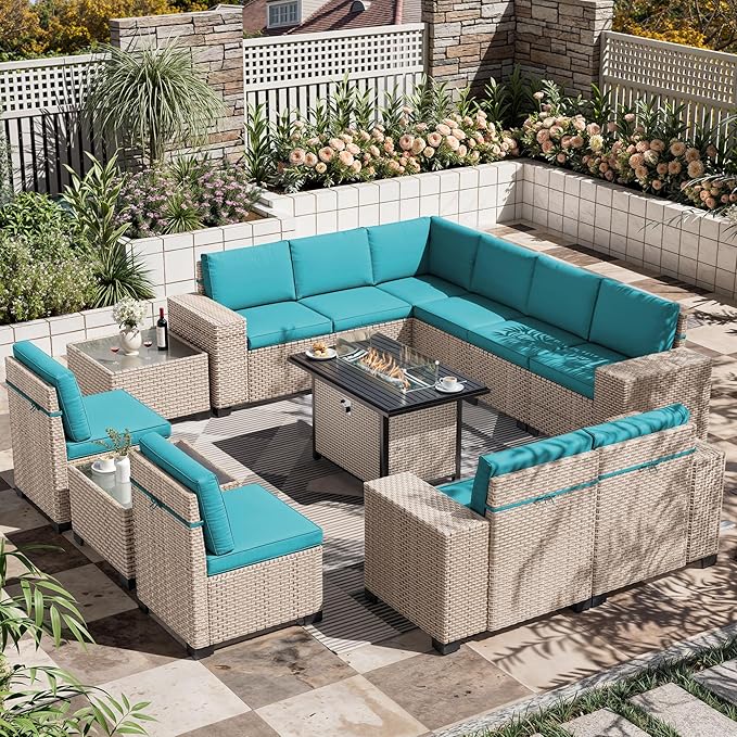13 Pieces Patio Furniture Set with Fire Pit Table, Outdoor Sectional Wicker Sofa with Thickened Cushions and Coffee Table, High Back Rattan Patio Conversation Sets, Cyan