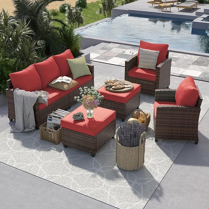 UDPATIO Patio Conversation Set, 5 Pieces Outdoor Furniture Set, All-Weather Wicker Rattan High Back Outdoor Sectional Sofa Set with Ottoman for Poolside, Backyard, Brown Wicker Wine Red Cushions