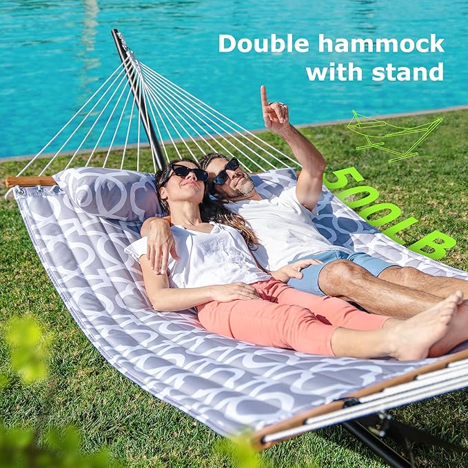 Double Hammock with Stand, Heavy Duty Outdoor Hammock for Two, 500 LBS Capacity, Stable Steel Frame with Balance Strap, Easy Tool-Free Assembly for Patio, Garden, Backyard & Beach,Round Gray
