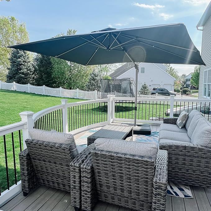 PURPLE LEAF 9' X 11' Patio Umbrella, Rectangle Outdoor Cantilever Umbrella, Aluminum Offset Umbrella with Champagne Frame and 360° Rotation for Pool Deck Garden, Grey