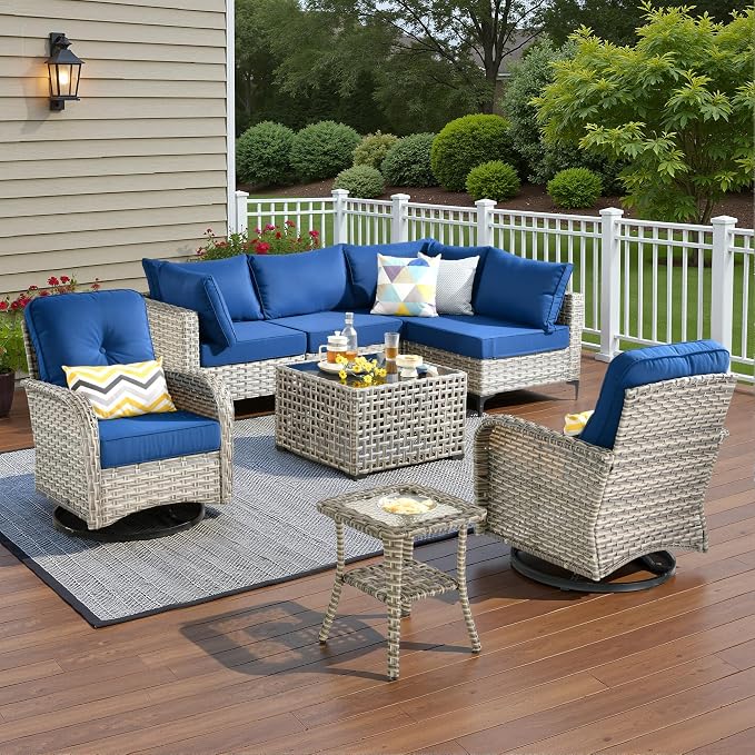 8 Pieces Patio Sectional Furniture Set, Outdoor Wicker Sectional Couch with High Back Swivel Rocker Chairs Solar Lights Table, Modern Conversation Set for Porch Balcony Backyard, Navy Blue