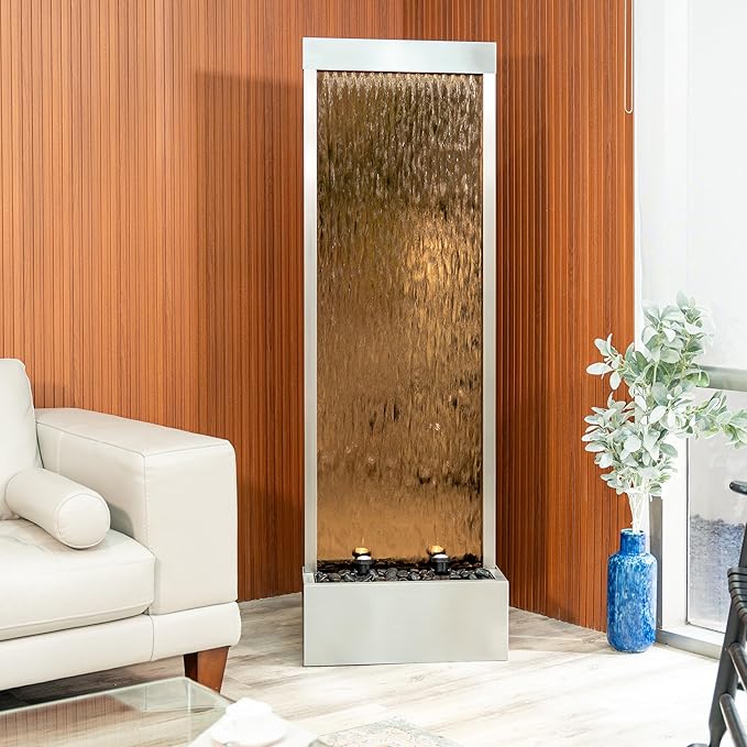 XBrand 68 in H Freestanding Modern Indoor/Outdoor Waterfall Fountain w/Decorative Rocks, LED Lights & Auto-Shut Off Pump, Stainless Steel/Bronze Glass, Silver