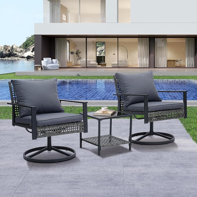 Ainfox 3 Pieces Patio Wicker Chairs Swivel Rocker, Outdoor Swivel Rocker Patio Chairs with Rattan Side Table, Patio Furniture Set for Patio Porch Pool, Grey