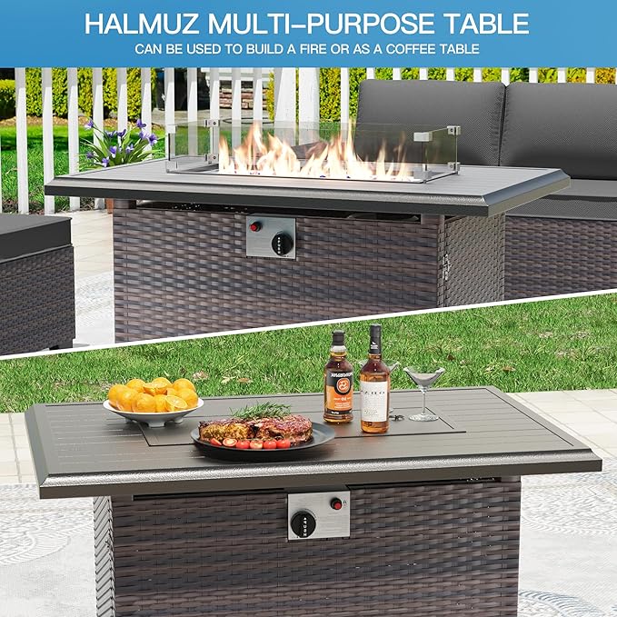 7 Pieces Outdoor Patio Furniture Set with 43"/55000BTU Gas Fire Pit Table,PE Rattan Wicker Outdoor Conversation Sofa Set Non-Slip Cushions Waterproof Covers for Backyard,Poolside,Garden,Grey