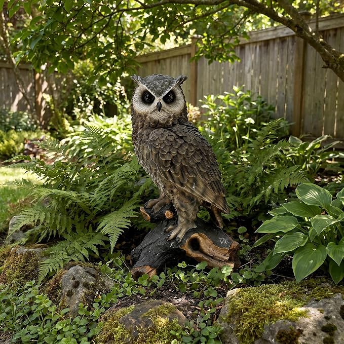 18.98" Hand-Painted Resin Owl Garden Statue | Lifelike Woodland Animal Figurine, Durable Yard Sculpture, Branch Base, Outdoor Patio, Lawn & Nature Decor