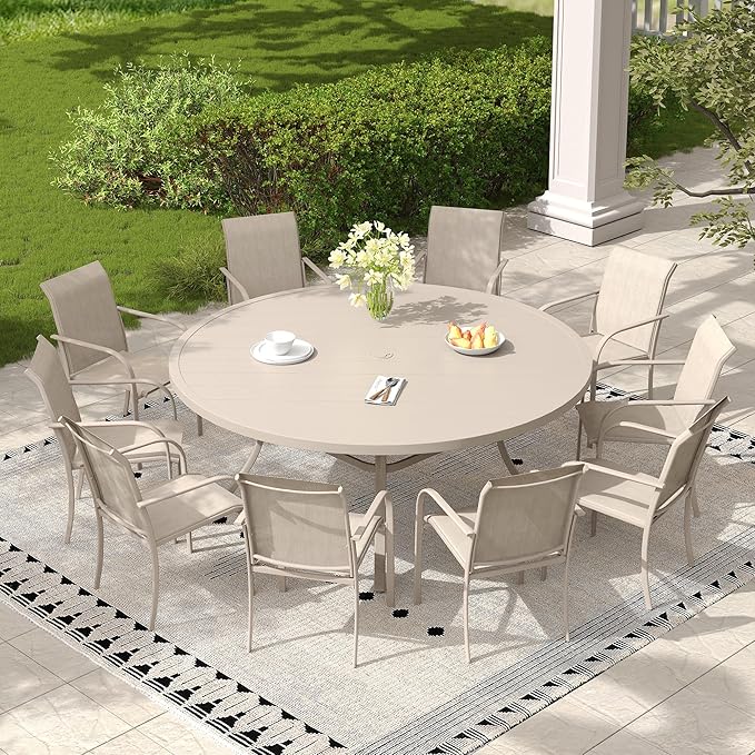 11 Pieces Outdoor Dining Set, Stackable Textilene Paito Chairs & 63" Round Dining Table with Umbrella Hole, Patio Dining Set for Backyard, Deck, Garden, Sandshell