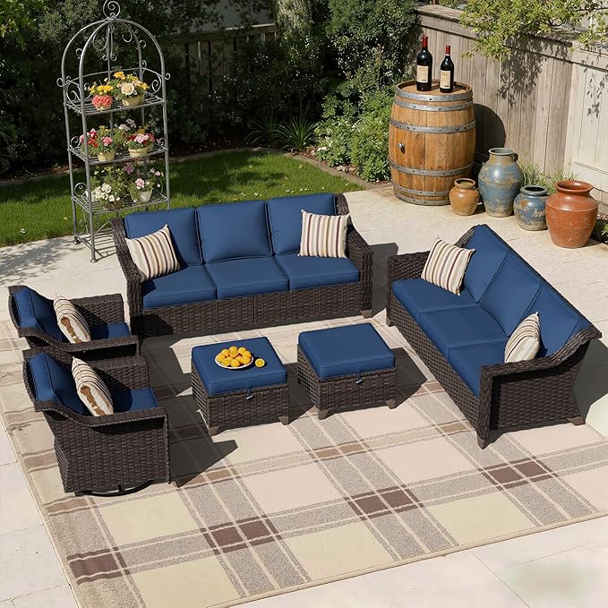 6 Pieces Patio Conversation Furniture Set - 2 Sofas, 2 Swivel Chairs, 2 Ottomansm, Outdoor Wicker Furniture with Removable Cushions for Porch, Balcony, Sunroom (Blue)