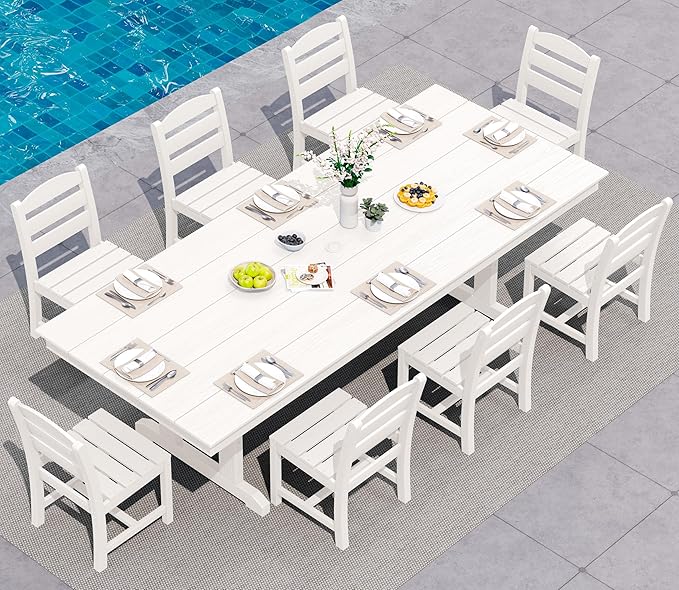 SERWALL 9 Piece Outdoor Dining Set, 84" HDPE Outdoor Table and Armless Chairs Set for 8，All Weather Patio Furniture Set with Umbrella Hole for Backyard, Garden, White
