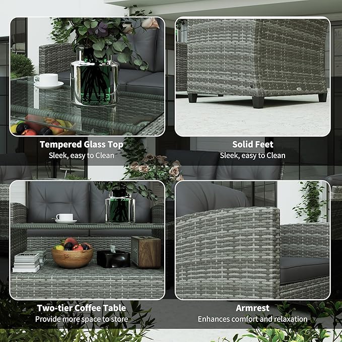 Outsunny 4 Pieces Patio Furniture Sets with Cushions, PE Rattan Wicker Conversation Chairs with Two-Tier Coffee Table for Backyard Porch Garden Poolside and Deck, Gray