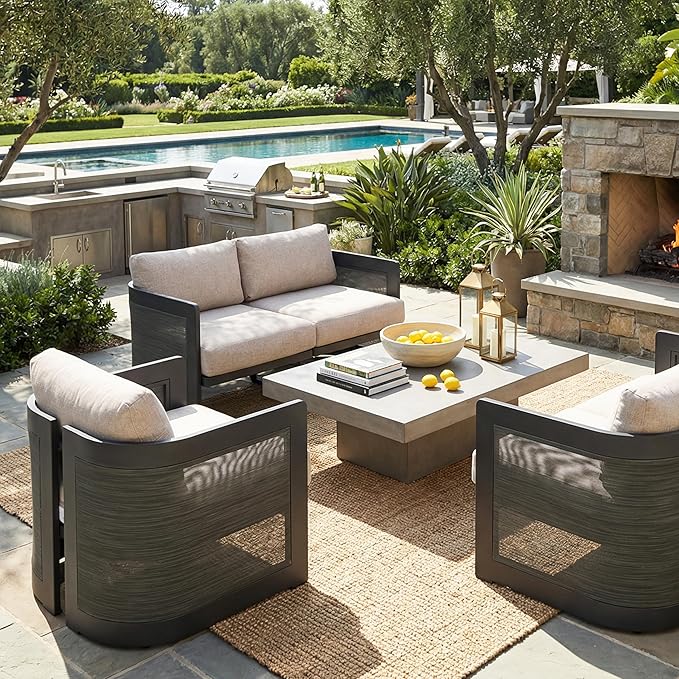 Christopher Knight Home Norhill Patio Sofa Set, 3 Pieces Outdoor Seating Set, Aluminum Patio Furniture Set with Two Club Chairs and Loveseat, Conversation Set for Patio Garden Poolside, Beige + Black