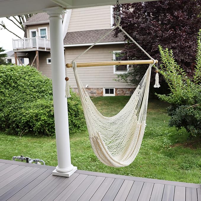 Bliss Hammocks BHC-412NT Island Rope Hammock Chair, Eco Friendly & Hand Woven, Varnish Coated 40 Inch Wood Spreader, Easy to Hang w/Included Hanging Kit, Supports up to 265 pounds, Natural Rope