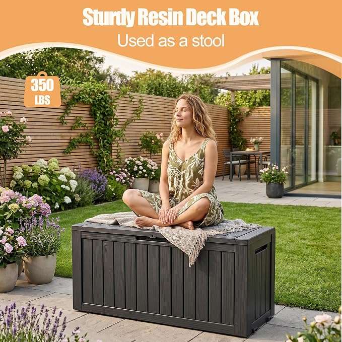 Outdoor Storage Box, 100 Gallon Resin Deck Box, Lockable Indoor Outdoor Waterproof Storage Bins With Bottom Wheels for Patio Cushions, Gardening Tools, Black