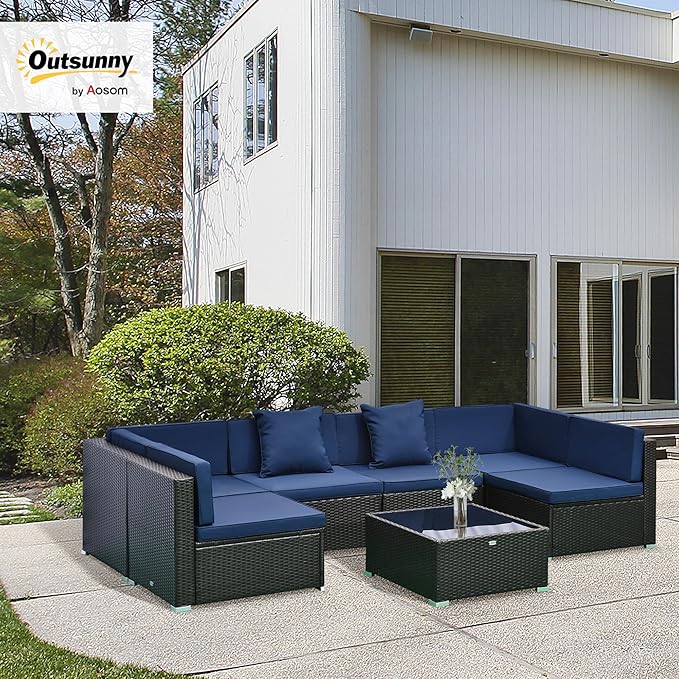 Outsunny 7-Piece Patio Furniture Sets Outdoor Wicker Conversation Sets All Weather PE Rattan Sectional Sofa Set with Cushions & Tempered Glass Desktop, Dark Blue