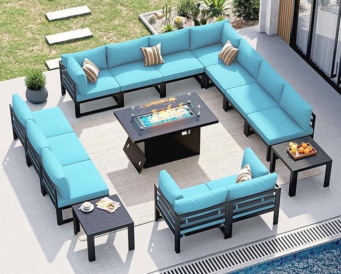 NICESOUL 15 Piece Extra Large Aluminum Patio Furniture Set with Fire Pit Table, Modular Outdoor Conversation Set with Coffee Table, 500 lbs Sturdy Comfy Sectional Sofa for Poolside Exterior, Turquoise