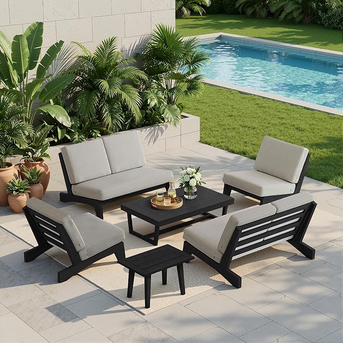UIXE 6 Pieces All Weather Black Wood Patio Furniture Sets, 2 Patio Loveseat, 2 Patio Bistro Chair, Outdoor Sectional Sofa Furniture Backyard Conversation Set with Coffee Table - Light Camel