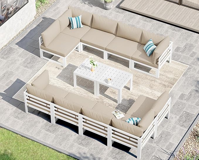 NICESOUL 12 Piece Luxury Aluminum Outdoor Sectional Sofa with End Table, L Shaped Oversized Modular Patio Furniture Set, 29" Deep Wide Seating, 500 lbs Heavy Duty Conversation Set for Backyard, Beige