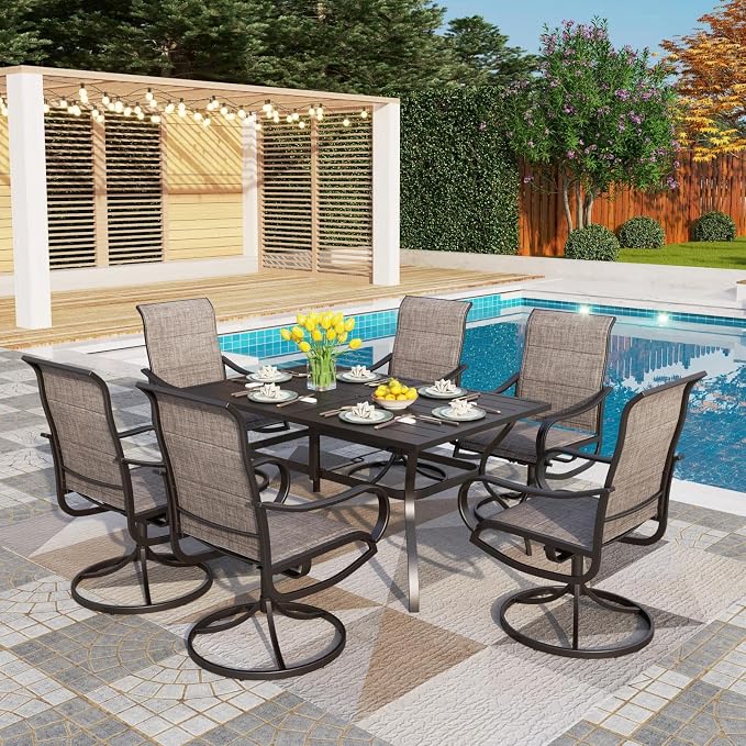 PHI VILLA Patio Dining Set 7 Piece, Outdoor Table and Chairs Set with 6 Padded Textilene Swivel Patio Chair & 60" x 38" Large Rectangular Metal Dining Table(1.57" Umbrella Hole)