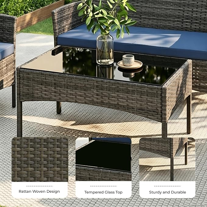 4 Pieces Outdoor Patio Furniture Set, Wicker Patio Conversation Set with Tea Table, All-Weather Outside Rattan Sectional Sofa for Backyard, Poolside, Garden, Balcony, Gray/Navy