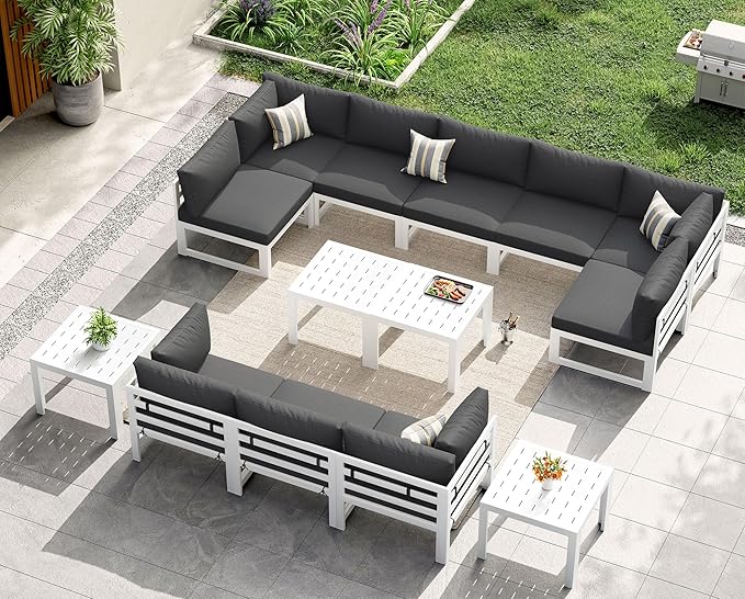 NICESOUL 10 Person Modern Aluminum Outdoor Patio Furniture Set with Side Table, 29" Wide Deep Seating, L Shaped Modular Sectional Couch, Oversized Conversation Set for Garden, Dark Gray