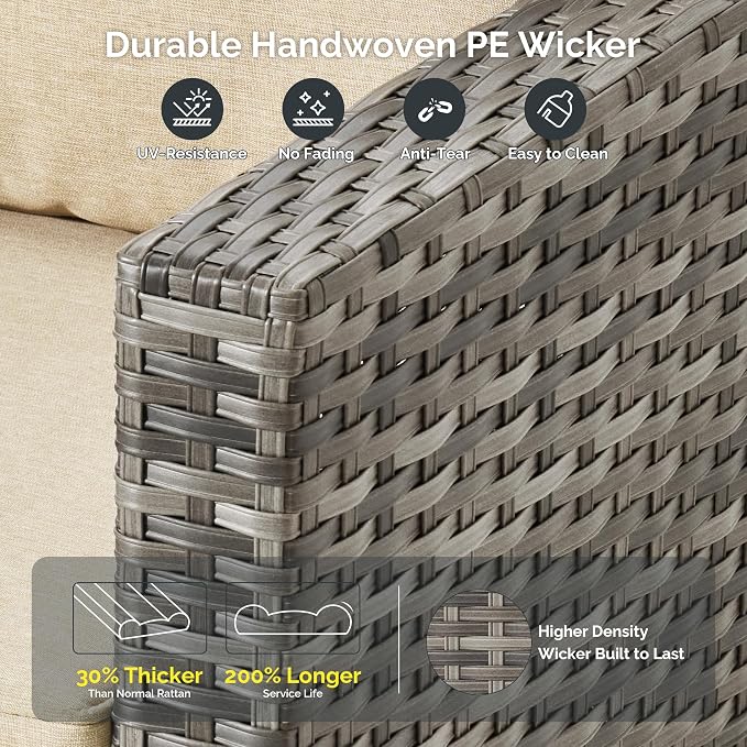 4 Piece Wicker Patio Furniture Set with Solar Table, Beige | Outdoor Deep Seating Sofa Chair, Solar Lights Table, All Weather Rattan, Modern Conversation Set, Porch Deck Backyard