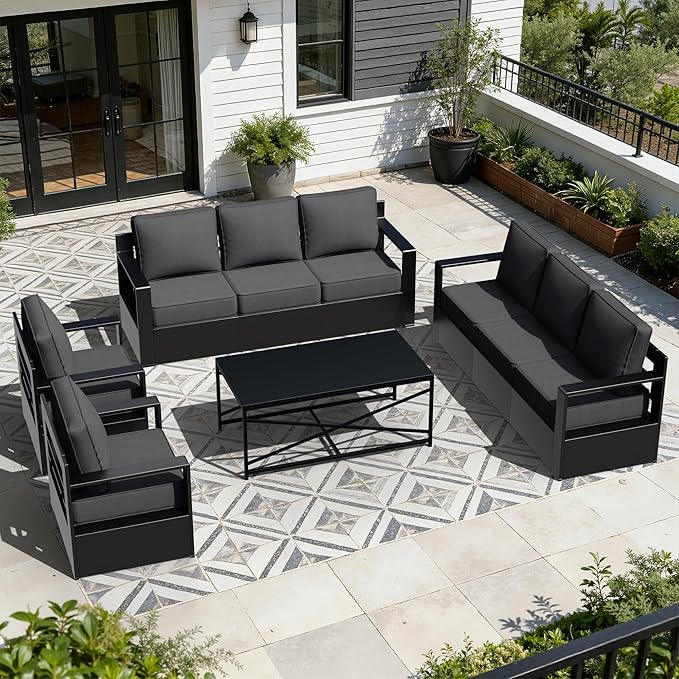 Outdoor Aluminum Furniture Set, 4-Piece Patio Conversation Set, 2 Chairs, 2 Sofa and 1 Table, All-Weather Metal Frame, 6" Thick Removable Cushions, Deep Setting for Garden, Poolside and Porch