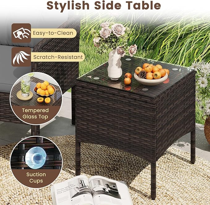 HAPPYGRILL 3 Piece Patio Bistro Set Rattan Wicker Outdoor Conversation Set with Cushions and Coffee Table, Outside Furniture with Rattan Chairs for Porch, Balcony, Deck and Garden (Gray)