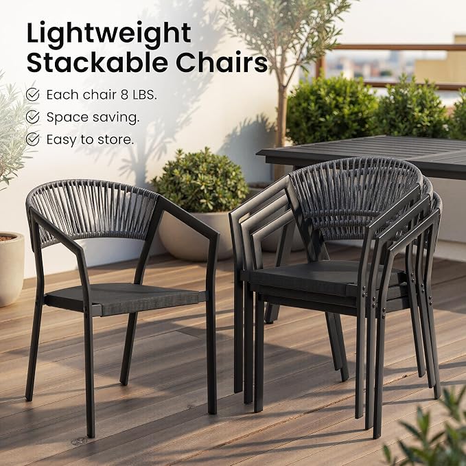 9-Piece Aluminum Square Patio Dining Set with Stackable Wicker Chairs | 57" Outdoor Dining Table and with 8 Grey Barrel Chairs Weather Resistant Furniture for Backyard, Deck, Poolside