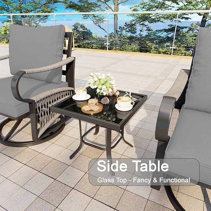 3 Pieces Outdoor Furniture Set, Metal 360° Swivel Rocking Chairs Bistro Sets, Patio Conversation Set with Side Table for Deck, Porch, Garden, Backyard, Poolside (Gray Cushions)