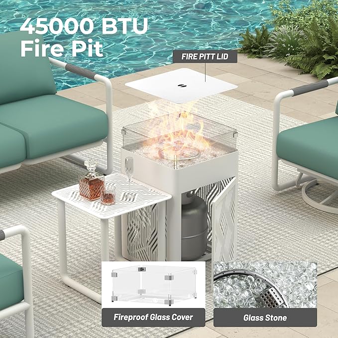 MBY Outdoor Aluminum Patio Furniture Set, 4-Seats Patio Conversation Sofa Set with 2 Swivel Rocking Chairs and 45,000 BTU Fire Pit Table w/Glass Wind Guard, All Weather for Pool, Garden-White