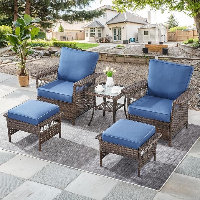 Patio Furniture Set - 2 Wicker Chairs with 2 Rattan Ottomans, 1 Wicker Side Table, Brown & Blue Cushions - 5pc Conversation Set for Garden, Balcony & Backyard