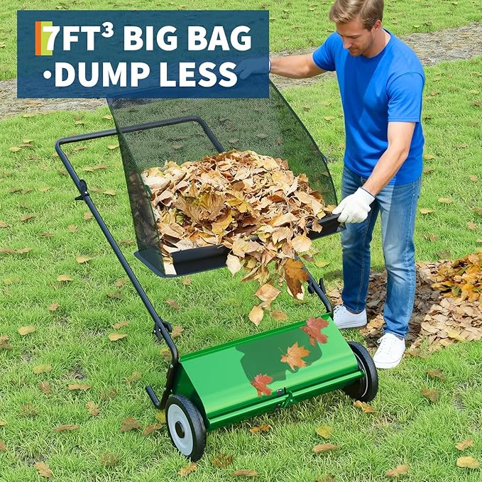 21in & 26in Heavy-Duty Push Lawn Sweeper - 4 Spinning Brushes, 3.5/7Cu. ft. Capacity, Adjustable Height for Grass, Leaves & Debris on All Terrains