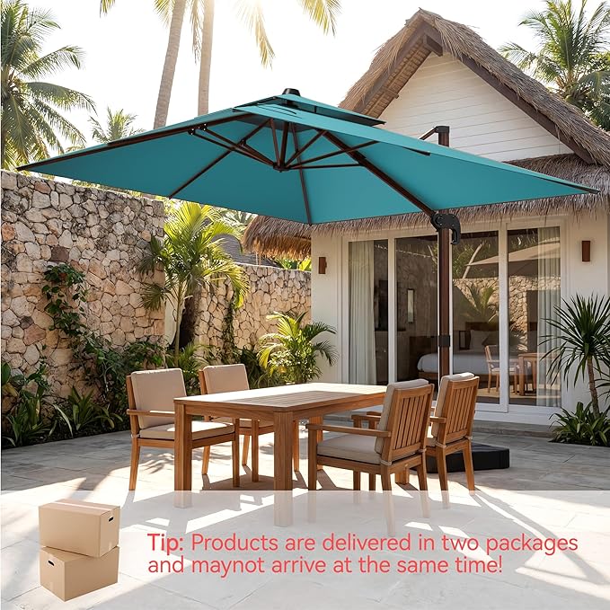 10x13 FT Wood Pattern Patio Umbrella with Base, Large Deluxe Cantilever Rectangular Double Top Heavy Duty Offset Umbrellas with 360° Rotation, Outdoor shade for Garden Pool Patio, Turquoise