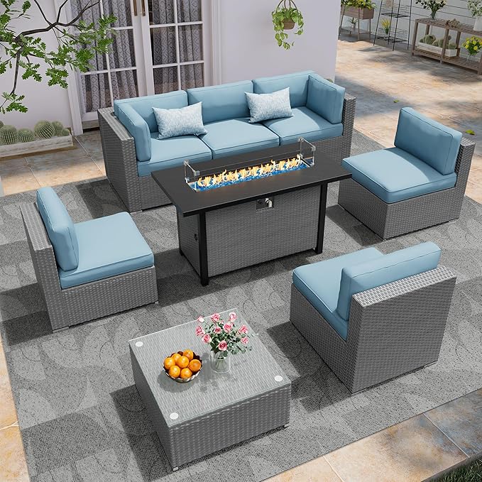 8 Pieces Outdoor Patio Furniture Set with 45” Propane Gas Firepit Table, Grey Wicker Patio Sectional Sofa Set, Outdoor Couch with Cushion and Tempered Glass Table, Sky Blue