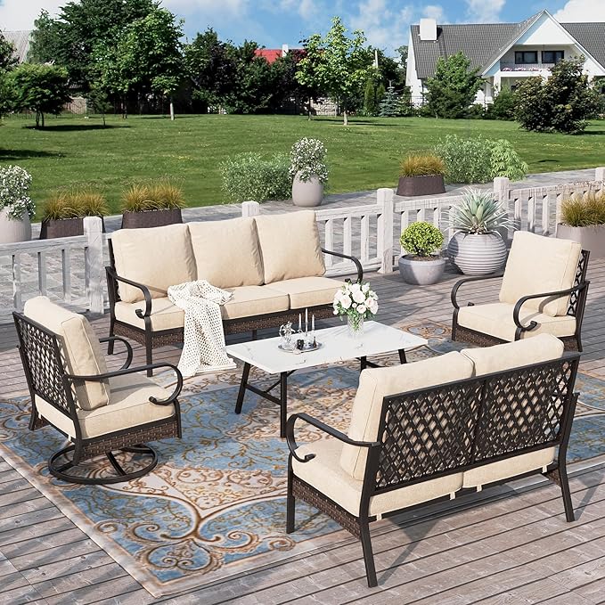 HERA'S HOUSE 5 Pieces Metal Patio Furniture Set, 7 Seats All Weather Outdoor Conversation Set, 3 Seat Sofa with Loveseat, 2 Swivel Chairs, Coffee Table for Backyard, Garden, Deck, Beige
