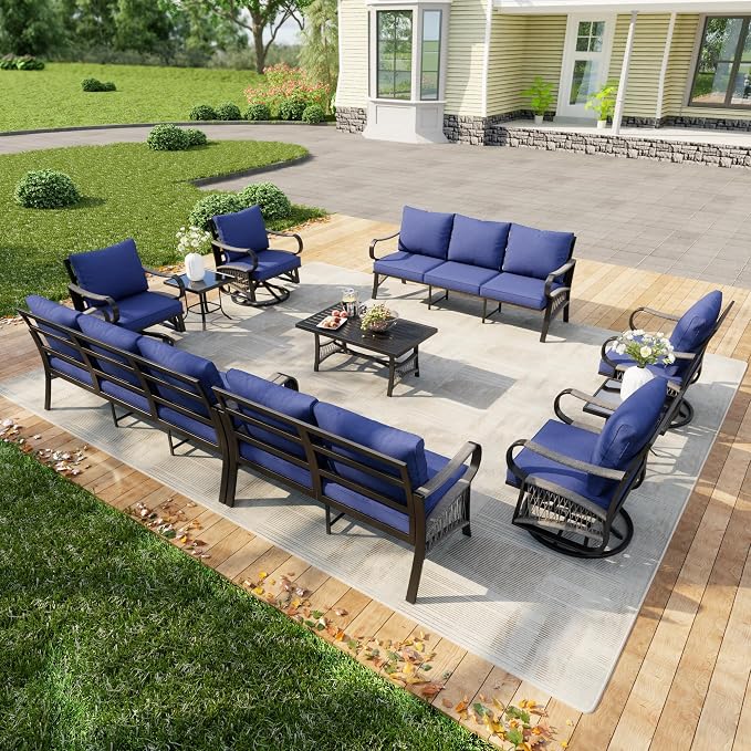 10 Pieces Patio Furniture Set, Metal Outdoor Conversation Sets with Swivel Chairs, Modern Couch Sofa Seating Group with Coffee Table and Side Table (Thick Blue Cushions)