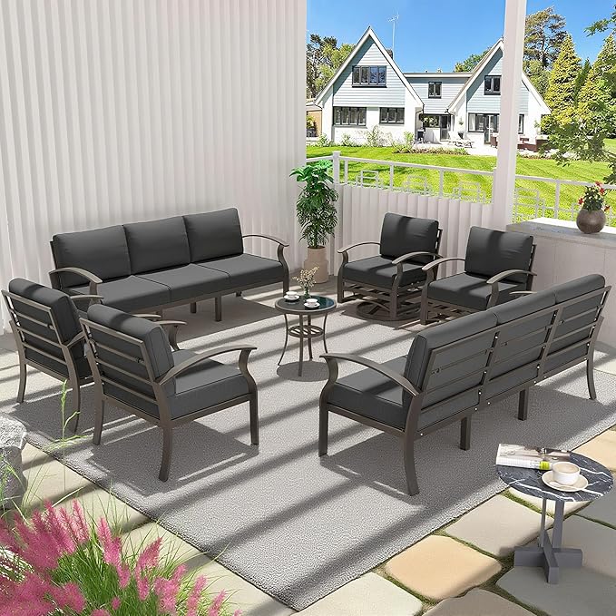 Aluminum Patio Furniture Set Patio Conversation Set,10 Seats Metal Modern Outdoor Furniture w/5.1" Cushions,Patio Sectional w/Swivel Chairs for Patio,Backyard,Grey