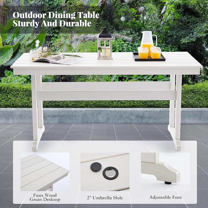 HDPE Dining Table Set for 6,7-Piece Outdoor Table and Chairs Include 6 Dining Chairs and 62.5" Patio Dining Table with Umbrella Hole (White)