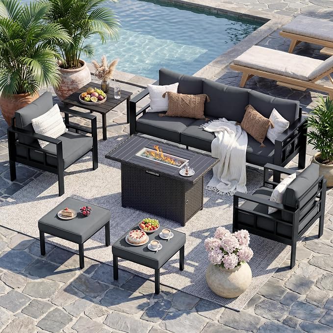 UDPATIO Aluminum Outdoor Furniture Set with 2 Ottomans and Fire Pit Table, 7 Pieces All-Weather & UV-Resistant Patio Sectional Sofa Set for Deck, Backyard, Poolside, Dark Gray