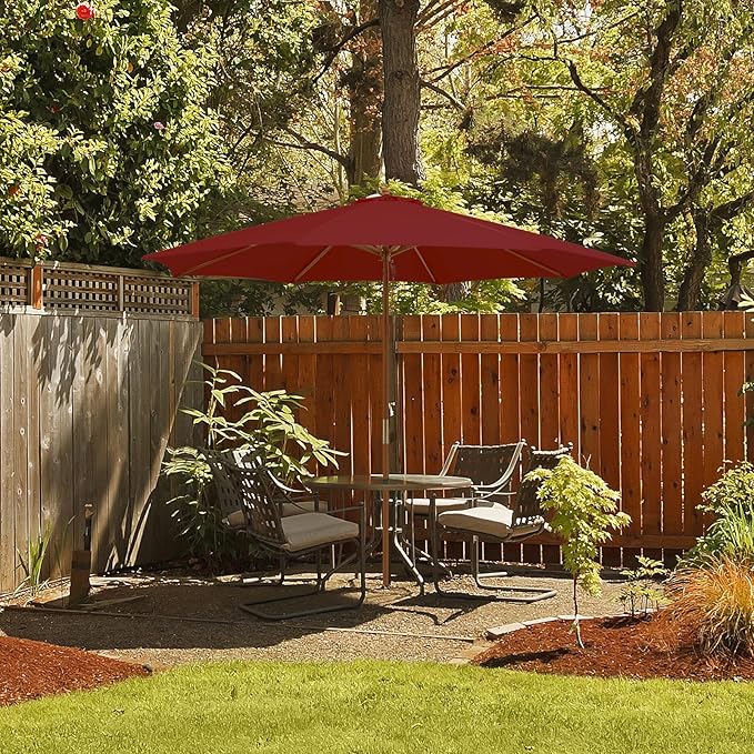 HAPPYGRILL 10 FT Wooden Patio Umbrella with Rope Pulley Lift, 8 Bamboo Ribs, 3 Adjustable Heights, Vented Roof, Outdoor Table Umbrella for Garden Poolside Backyard (Wine)