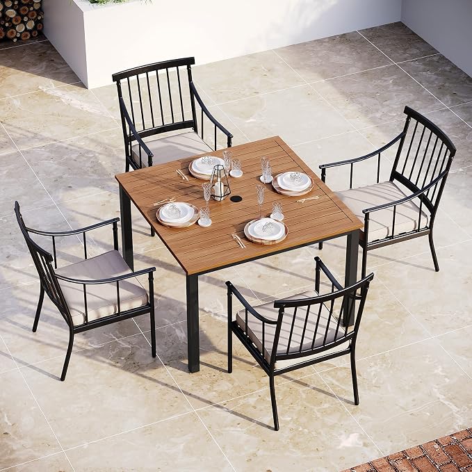 Sophia and William Patio Dining Set, 5 PCS | E-Coated and Steel, Square Table, Straight Legs Chairs, Umbrella Hole, Weather-Resistant