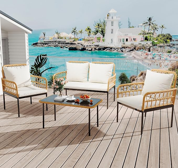4 Piece Outdoor Patio Furniture Set PE Wicker Loveseat and Chairs with Glass Coffee Table Bohemian Rattan Conversation Set for Patio Garden Balcony