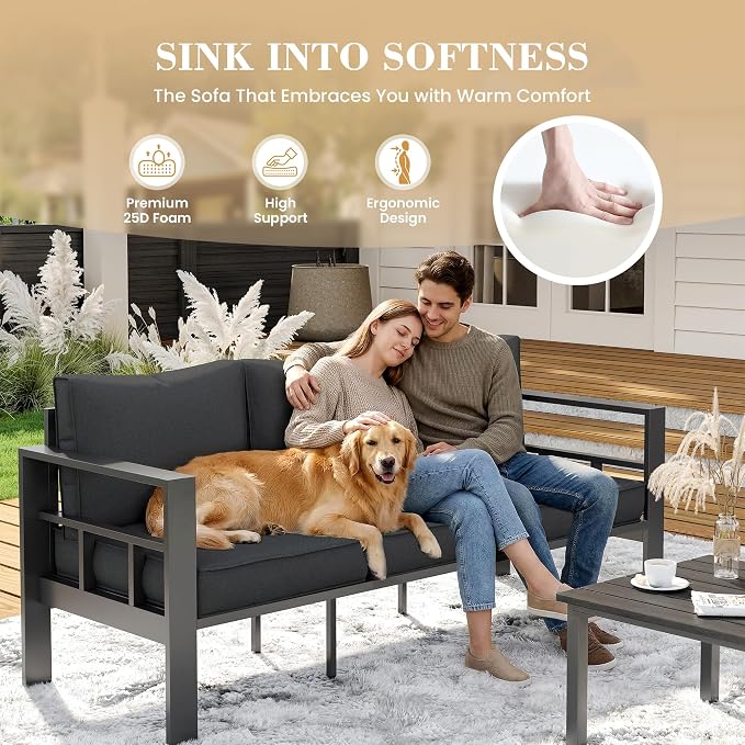 UDPATIO Aluminum Patio Furniture Set with 2 Ottomans, 7 Pieces All-Weather & UV-Resistant Outdoor Furniture for Deck, Backyard, Poolside, Dark Gray