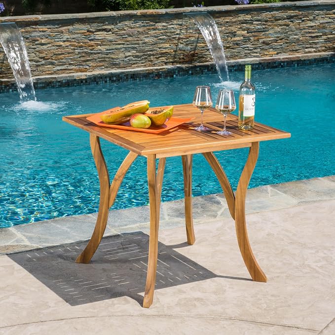 Merax Square Outdoor Dining Table 31.5" Acacia Wood Patio Table Teak Finish, Slat Panels Tabletop, 30" H, Bear 200LBS