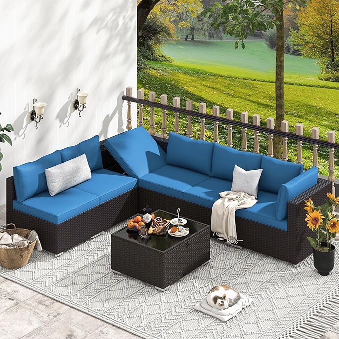 HOMREST 7 Piece Patio Furniture Set with Adjustable Bracket All-Weather Wicker Conversation Set with Coffee Table for Porch Garden Backyard (Blue)