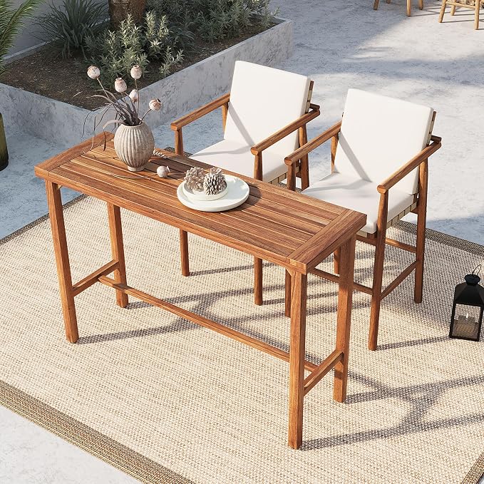 3 Piece Outdoor Bar Set for 2, Acacia Wood Bar Height Table & 2 Stools with Removable Cushions, Wood Dining Bar Set with Adjustable Feet, Patio Balcony Bistro Furniture, Beige+Natural